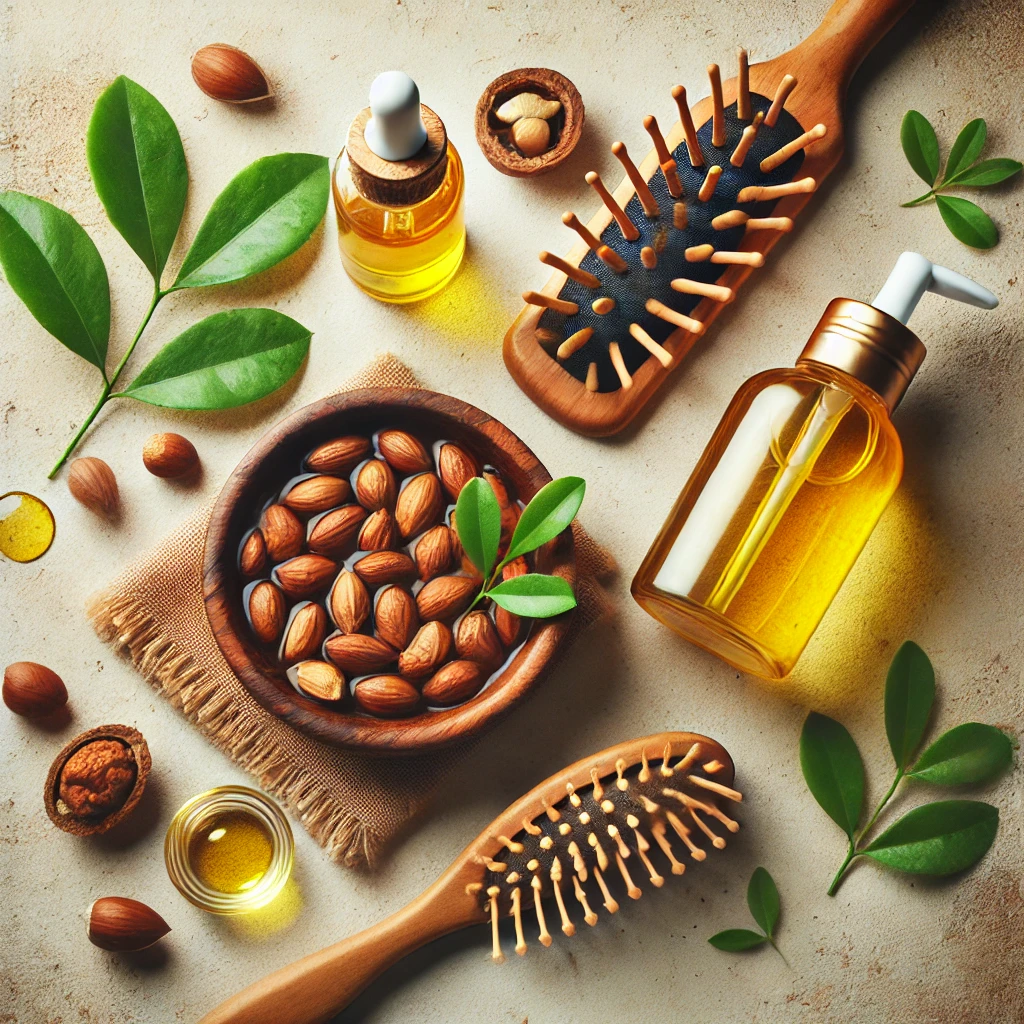Flat lay of argan oil used for both skin and hair, featuring a wooden bowl of oil, skincare bottle, hairbrush with oil drops, argan nuts, and fresh green leaves, all set against a natural textured background.