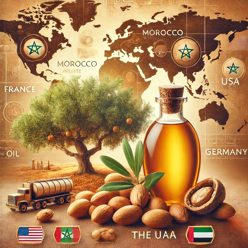 Argan oil bottle with nuts, a Moroccan plantation, and a world map highlighting key market leaders.