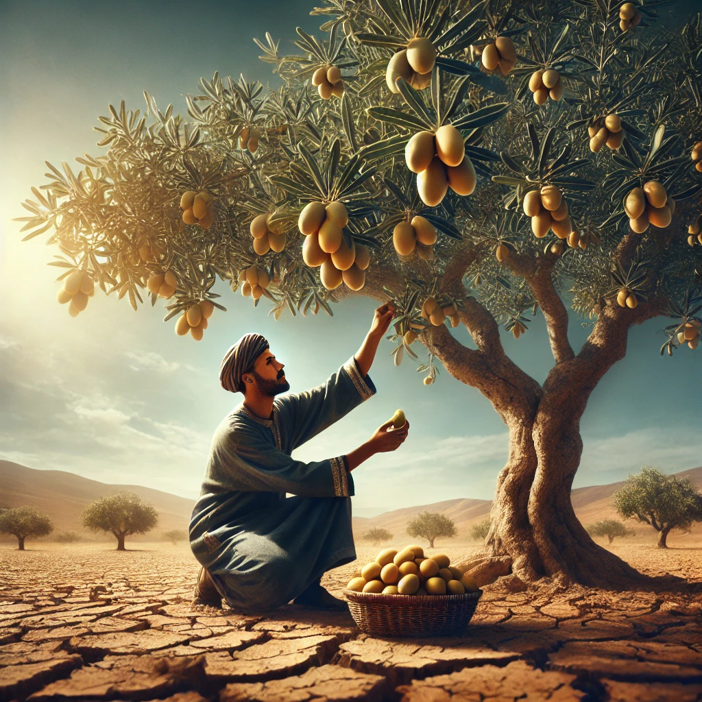 A Moroccan farmer harvesting ripe argan fruit from a tree under the scorching sun, showcasing the impact of climate change on agriculture.