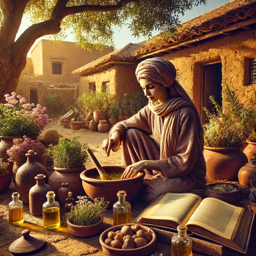 A traditional Moroccan healer preparing argan oil-based medicine in a rustic courtyard, surrounded by natural herbs, clay pots, and an open book of ancient remedies.