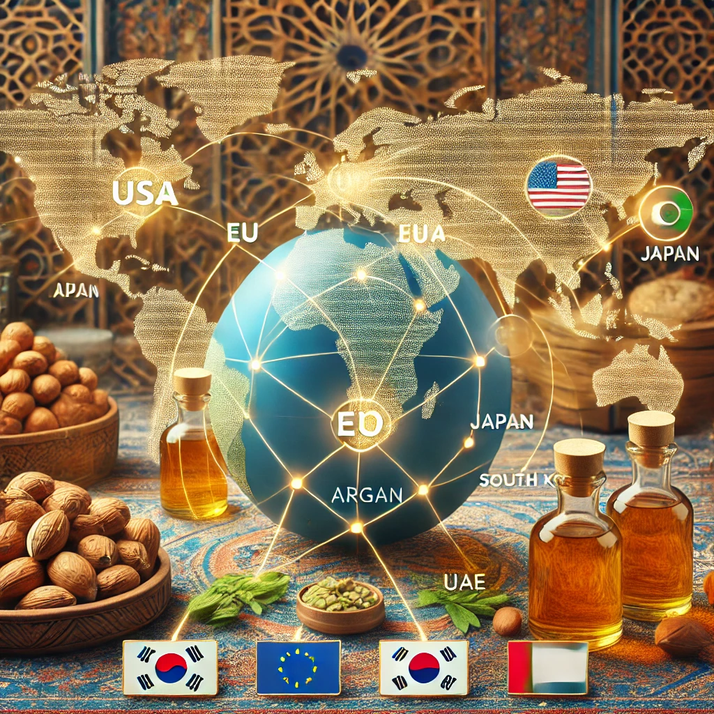 Bottles of pure Moroccan argan oil with global export markets.